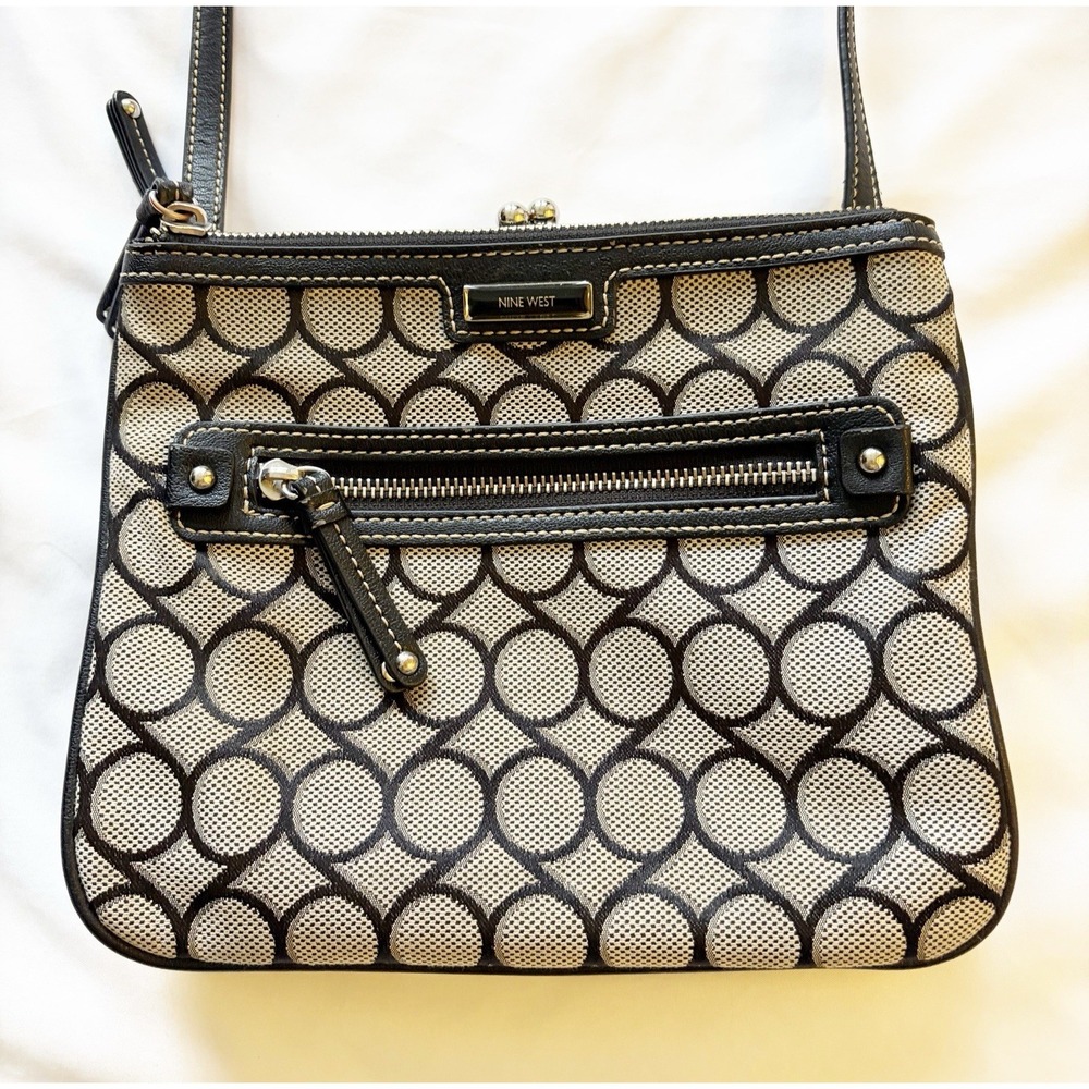 Nine West Womens Blk/Beige Fabric Faux Leather Shoulder Crossbody Bag Pre-owned